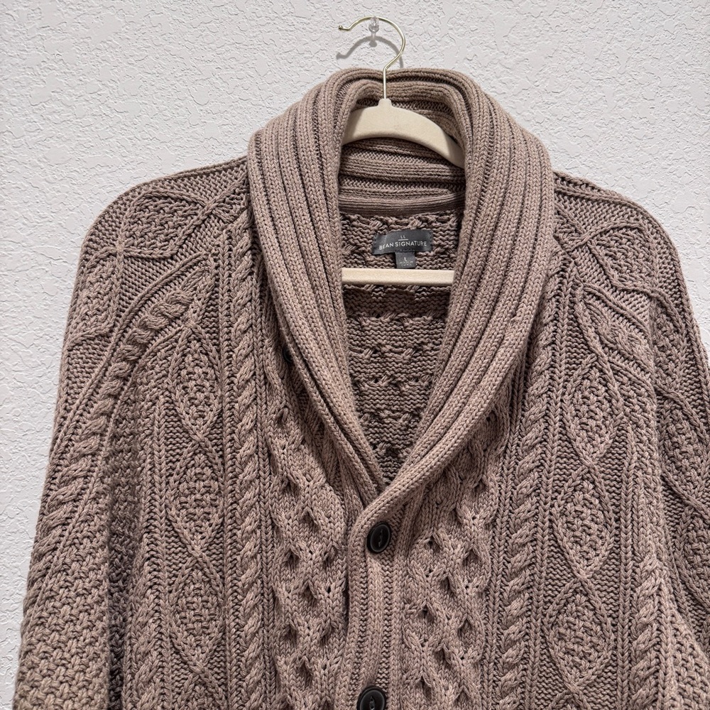 LLBean Signature Fisherman Cable Knit Sweater Cardigan Grandpa Cotton Brwn Tan L - Picture 5 of 16